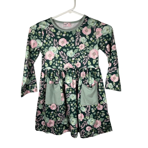 Pete + Lucy Girls Floral Print Dress Green Pink Pockets Size 5 Kids - Picture 1 of 5
